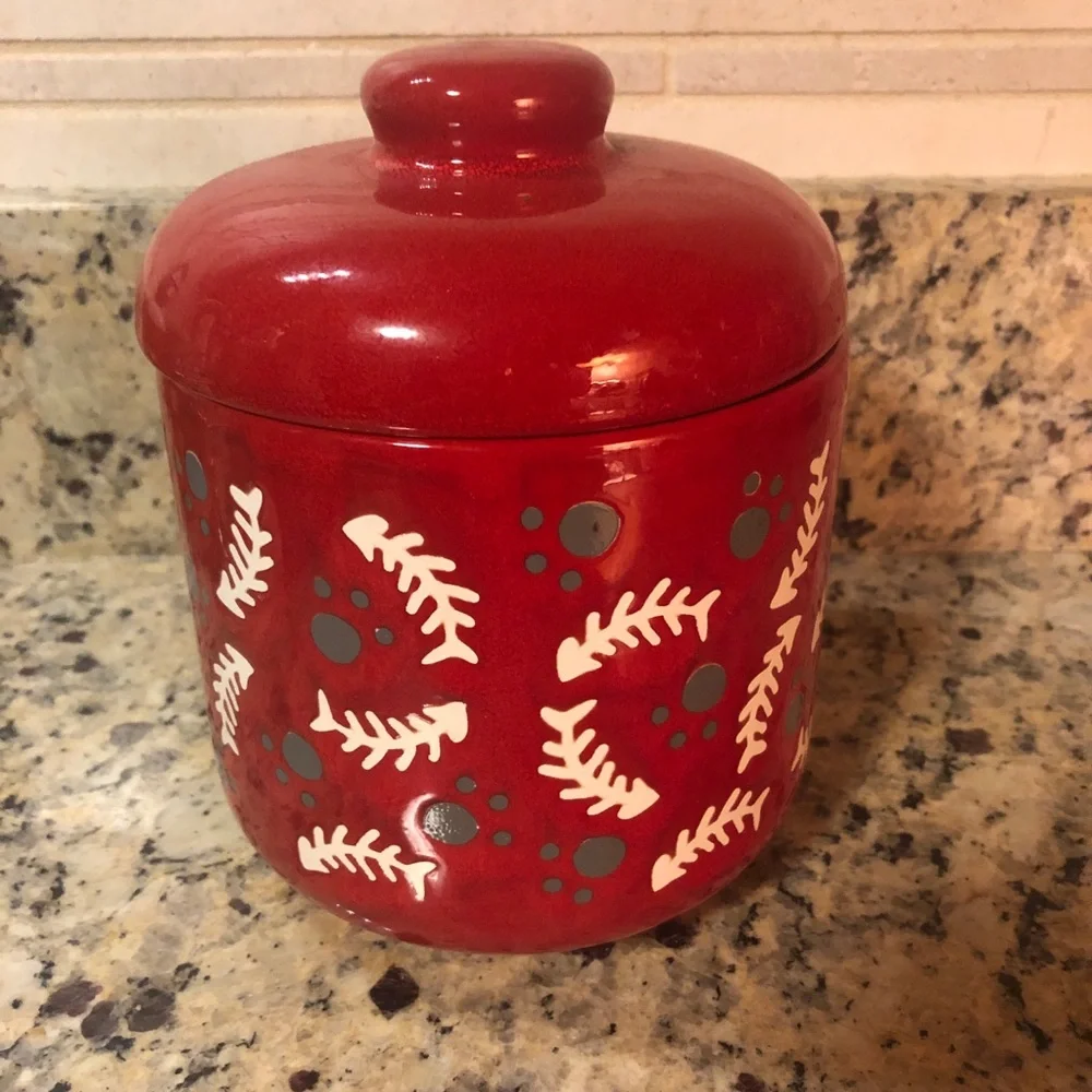 Vintage Waechtersbach Cat Kitty Treat Jar with Lid Red Germany MCM Paw Prints